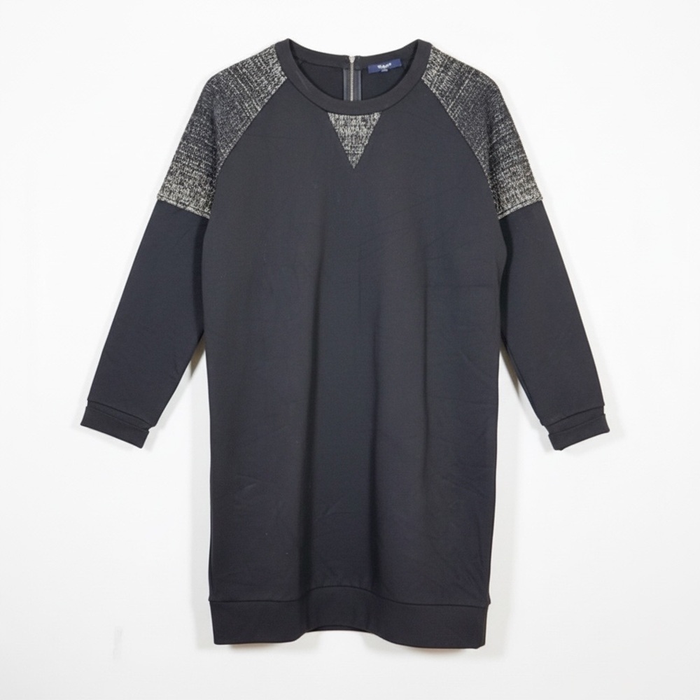 Madewell Black Ponte Baseball Dress L Tweed Mixed Media Contrast Raglan Zip